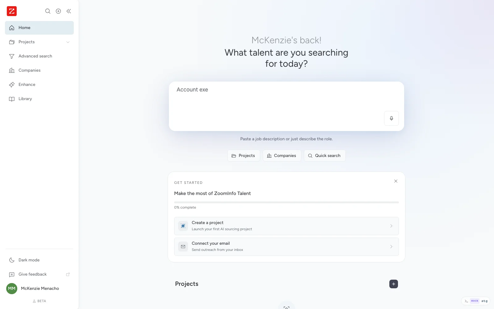 The Talent Autopilot home screen greeting the recruiter