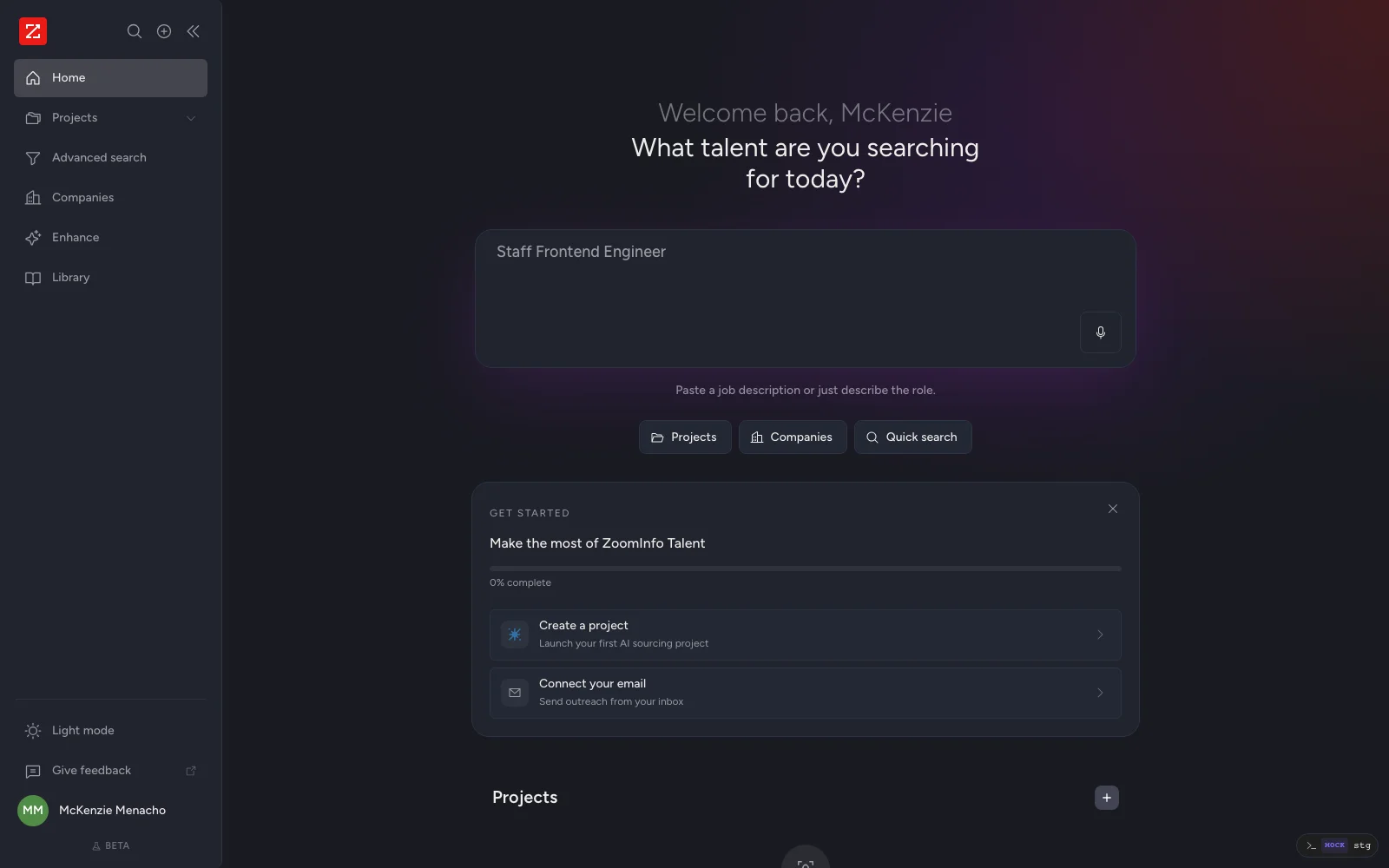 The Talent Autopilot home screen greeting the recruiter