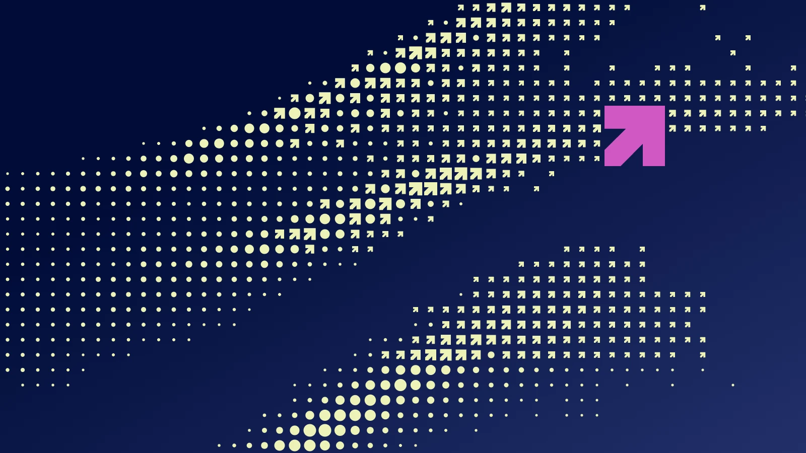 A wave of lime dots on navy that turns into small arrows across the frame, with one large orchid arrow where the wave leaves the right edge.
